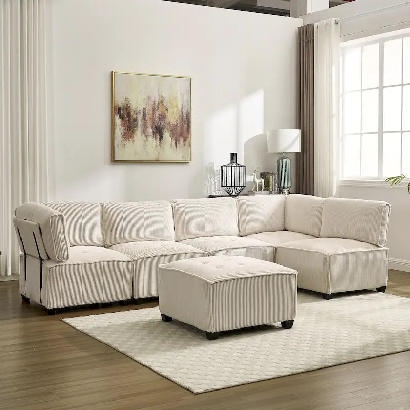 U-Shaped Corduroy Upholstered 6-Seat Convertible Modular Sectional Sofa Fit for Living Room