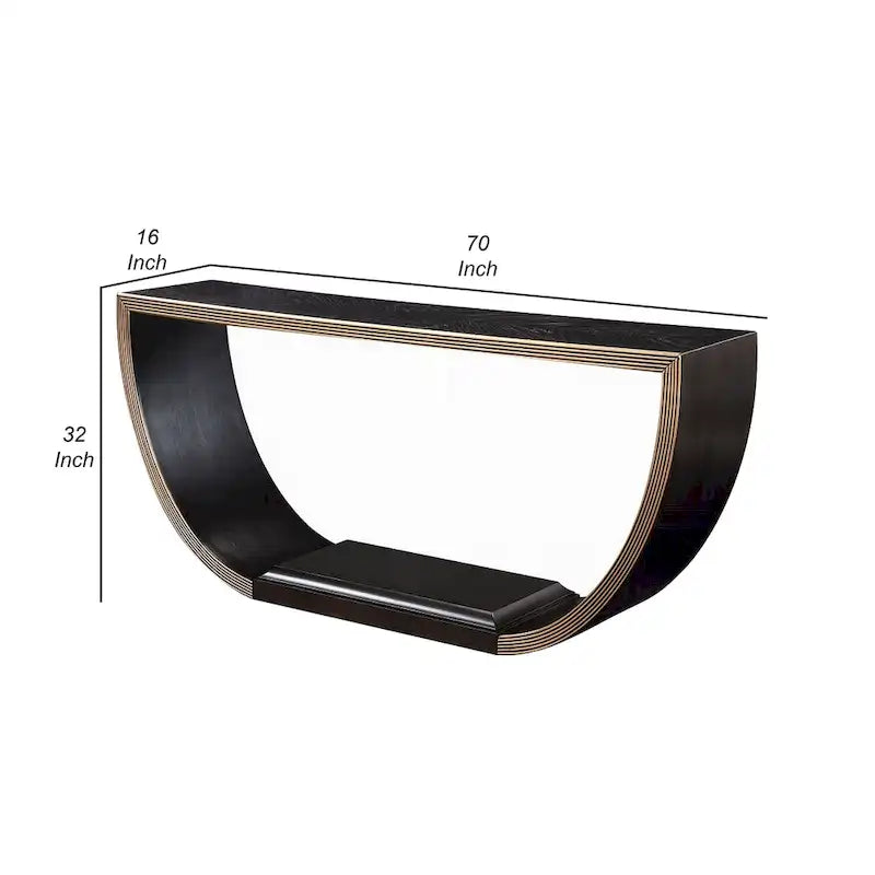 Riza Console Table, Half Moon Wood Frame Black, Gold Finish, 70 Inch