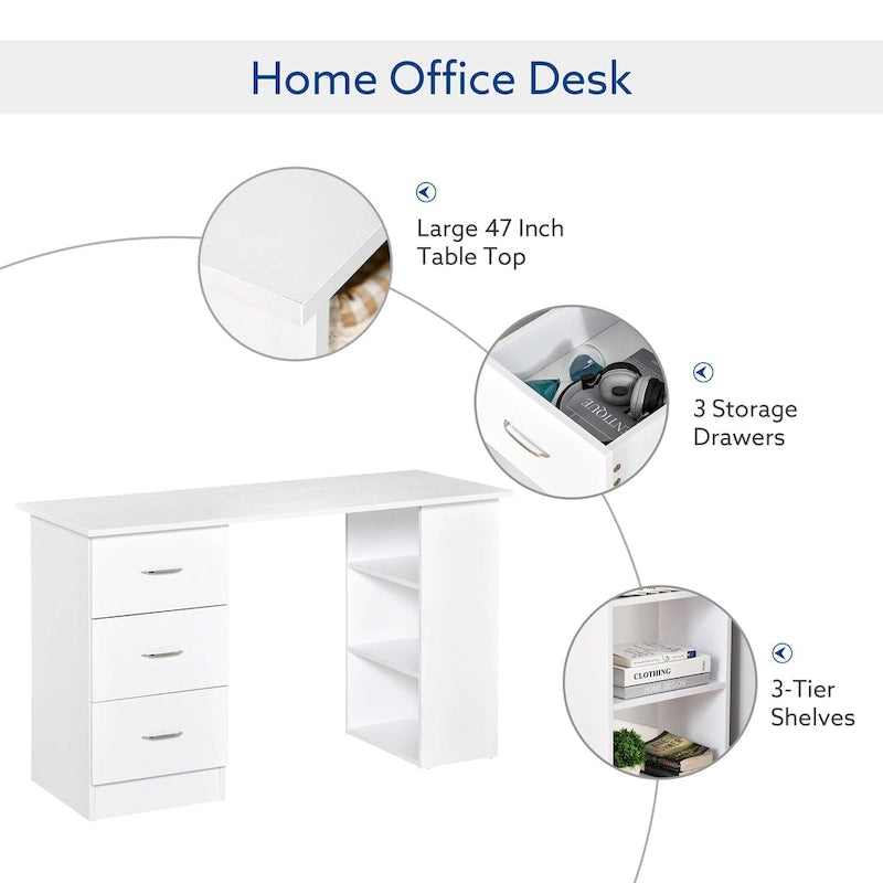 Modern Computer Office Desk with Reversible Storage Drawers and Shelves for Home Office and Dorm or Apartment Use