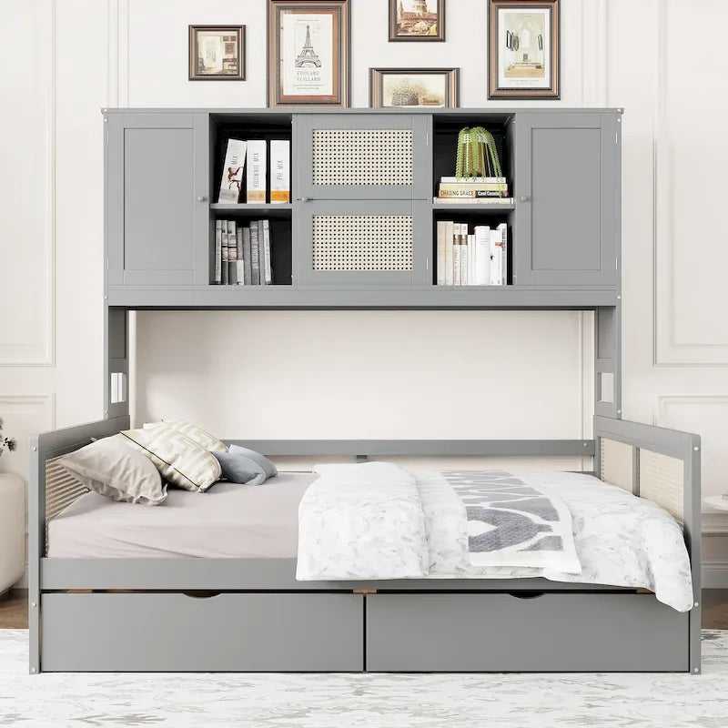 Twin Daybed with Storage Drawers, Cabinet, and Shelf, Sturdy Wood Construction