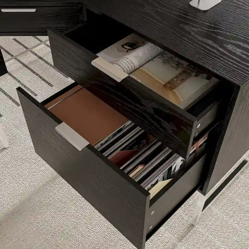 L-Shaped Black Wood Grain Office Desk with Drawers,Steel Frame, Modern Executive Workstation