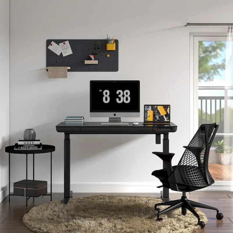 KOWO 48 Inch Glass Electric Standing Desk with Tempered Glass Top Adjustable Height Sit Stand Workstation for Modern Office