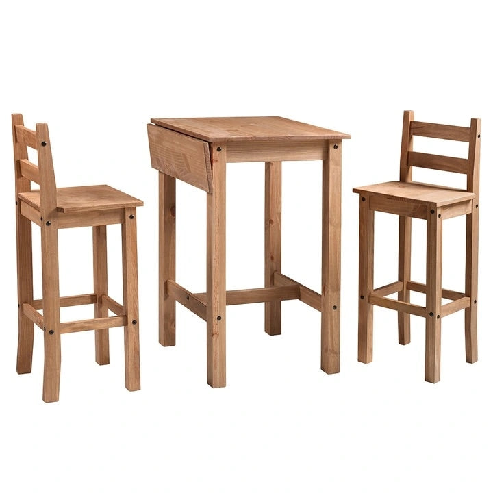 Wood Bar Height Dining Set of Drop Leaf Table and 2 Chairs Corona Collection