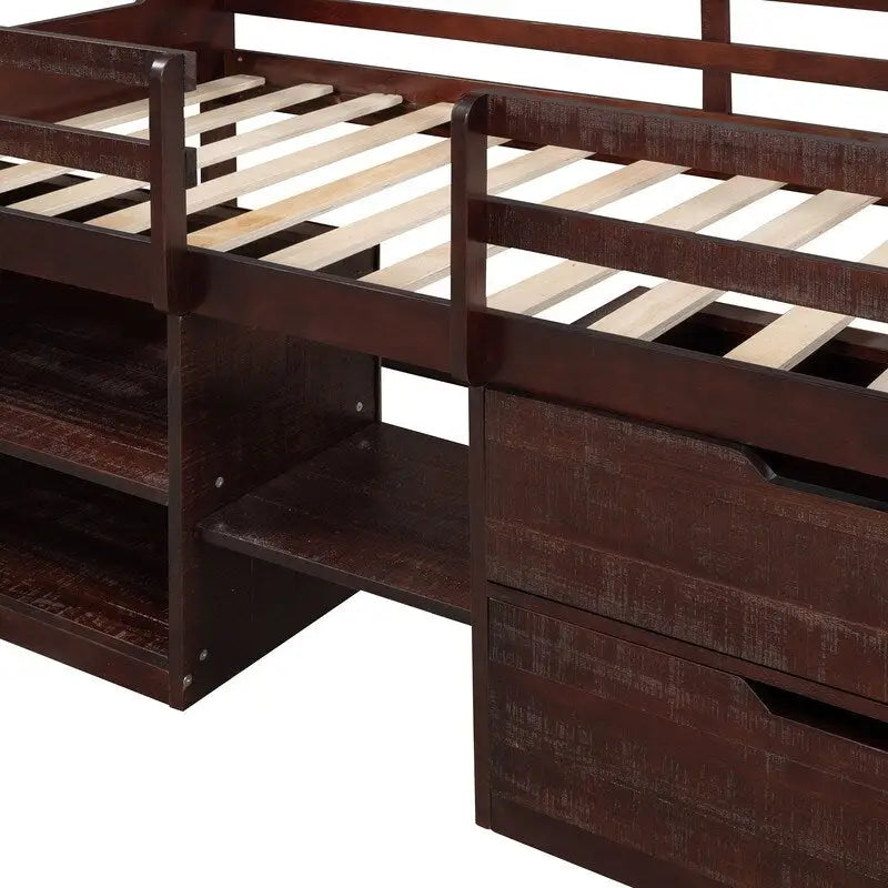 Twin Loft Bed with Storage and Drawers, Low Loft Bed Frame with 2 Shelves and 2 Drawers, No Box Spring Needed