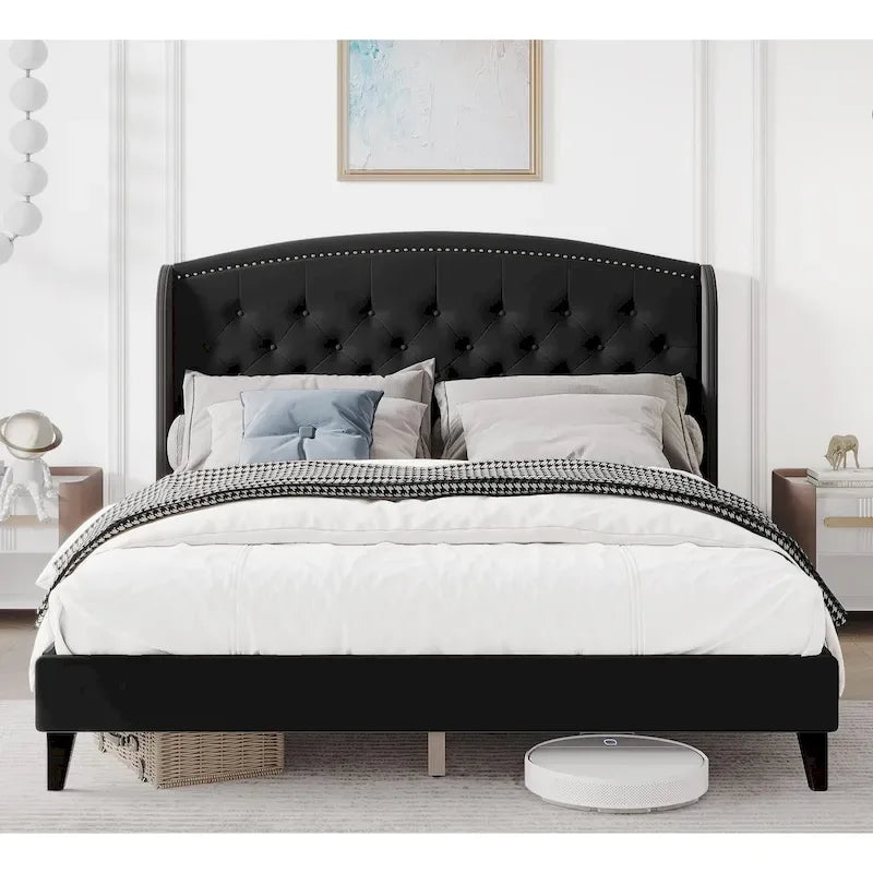 Upholstered Platform Bed Frame with Wingback Headboard