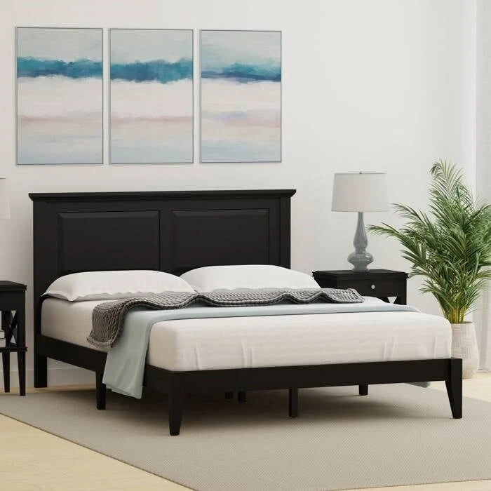 Solid Oak Platform Bed with Tapered Legs and Headboard