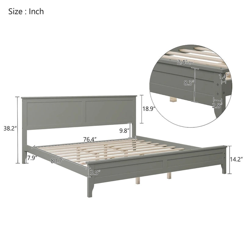 King Platform Bed in Modern Gray Pine Wood - Simple Slat Design, Elegant, High Load Capacity