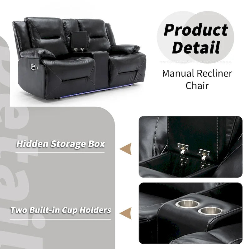 2 Seater Home Theater Recliner Manual Recliner Chair with a LED Light Strip Two Cup Holders and a Storage Box