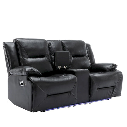 2 Seater Home Theater Recliner Manual Recliner Chair with a LED Light Strip Two Cup Holders and a Storage Box