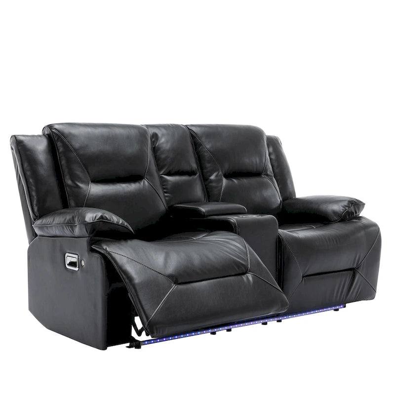 2 Seater Home Theater Recliner Manual Recliner Chair with a LED Light Strip Two Cup Holders and a Storage Box