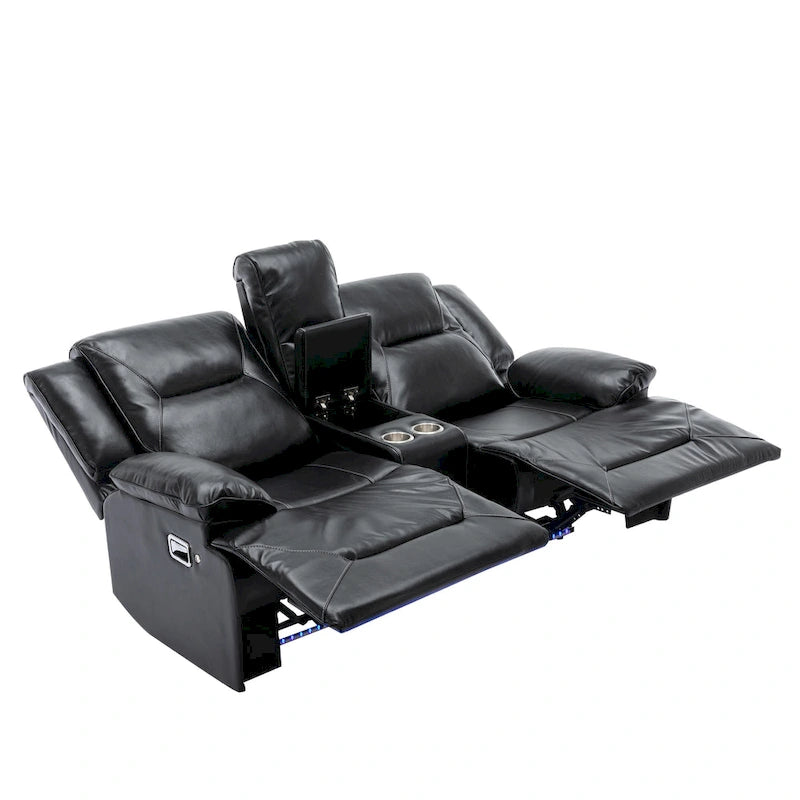 2 Seater Home Theater Recliner Manual Recliner Chair with a LED Light Strip Two Cup Holders and a Storage Box
