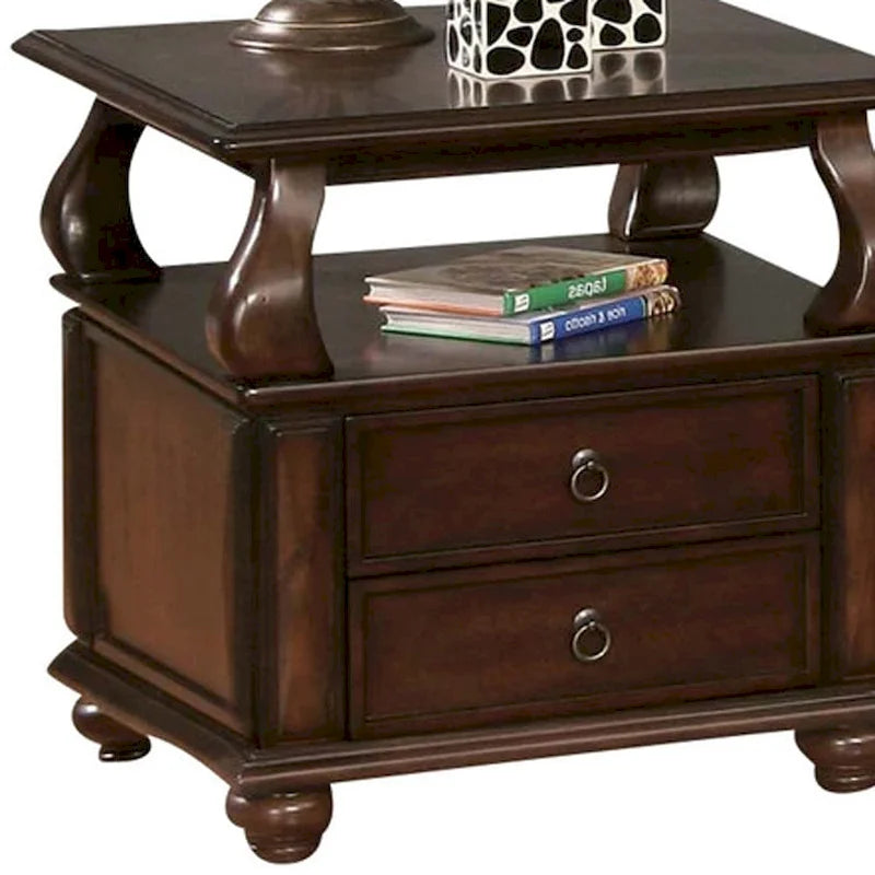 HomeRoots 26 Brown Solid Wood Square End Table With Two Drawers And Shelf - 26' X '26' X '28