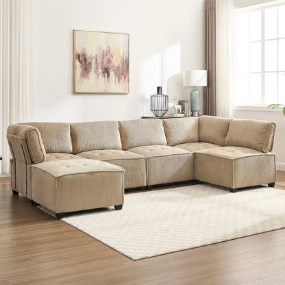 U-Shaped Corduroy Upholstered 6-Seat Convertible Modular Sectional Sofa Fit for Living Room