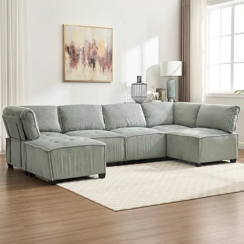 U-Shaped Corduroy Upholstered 6-Seat Convertible Modular Sectional Sofa Fit for Living Room