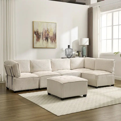 U-Shaped Corduroy Upholstered 6-Seat Convertible Modular Sectional Sofa Fit for Living Room