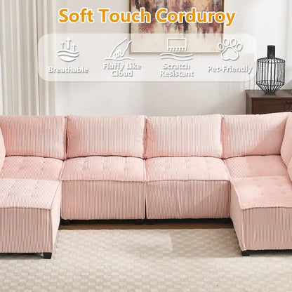 U-Shaped Corduroy Upholstered 6-Seat Convertible Modular Sectional Sofa Fit for Living Room