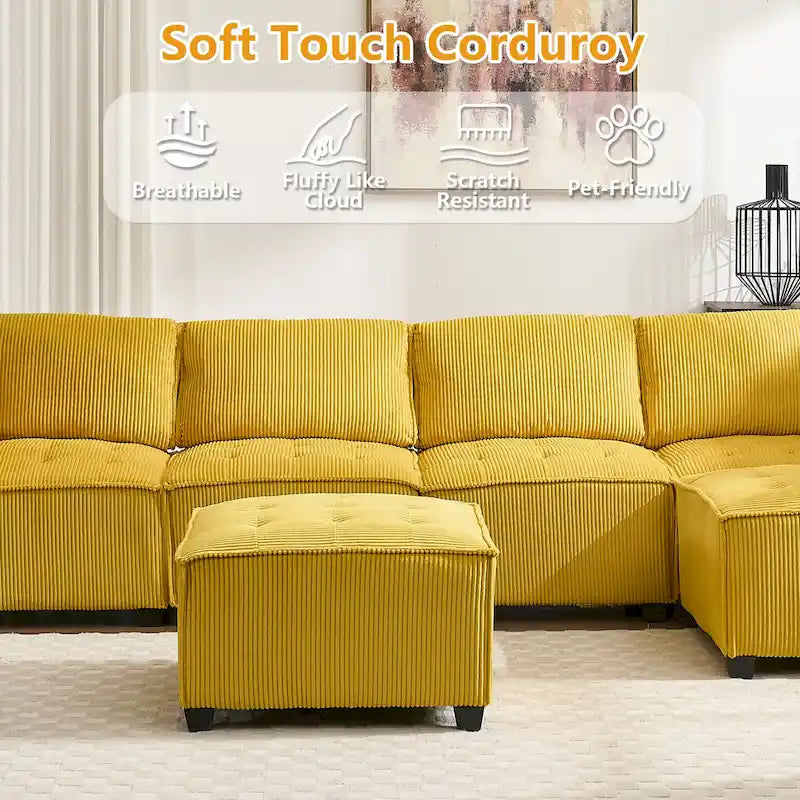 U-Shaped Corduroy Upholstered 6-Seat Convertible Modular Sectional Sofa Fit for Living Room