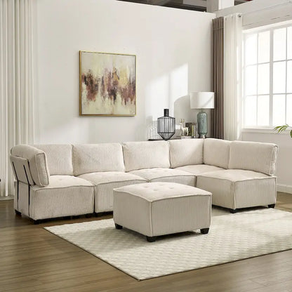 U-Shaped Corduroy Upholstered 6-Seat Convertible Modular Sectional Sofa Fit for Living Room