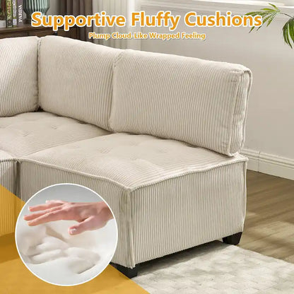 U-Shaped Corduroy Upholstered 6-Seat Convertible Modular Sectional Sofa Fit for Living Room