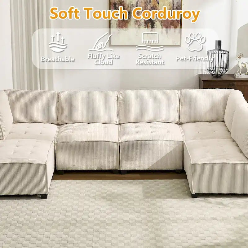 U-Shaped Corduroy Upholstered 6-Seat Convertible Modular Sectional Sofa Fit for Living Room