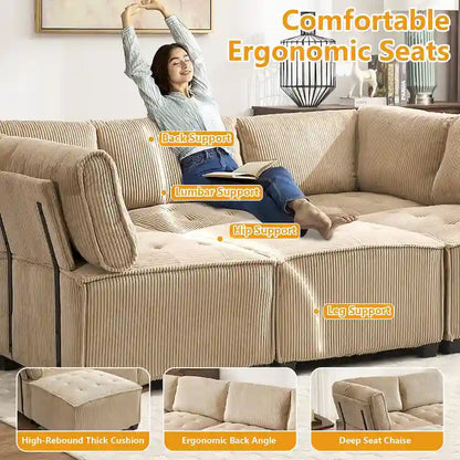 U-Shaped Corduroy Upholstered 6-Seat Convertible Modular Sectional Sofa Fit for Living Room