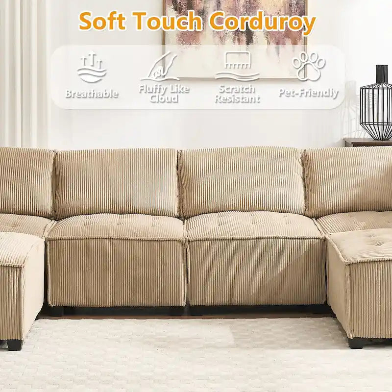 U-Shaped Corduroy Upholstered 6-Seat Convertible Modular Sectional Sofa Fit for Living Room