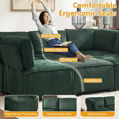 U-Shaped Corduroy Upholstered 6-Seat Convertible Modular Sectional Sofa Fit for Living Room