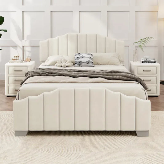 Modern Full Size Upholstered Platform Bed with Quilted Headboard and Footboard, Wooden Frame, No Box Spring Needed
