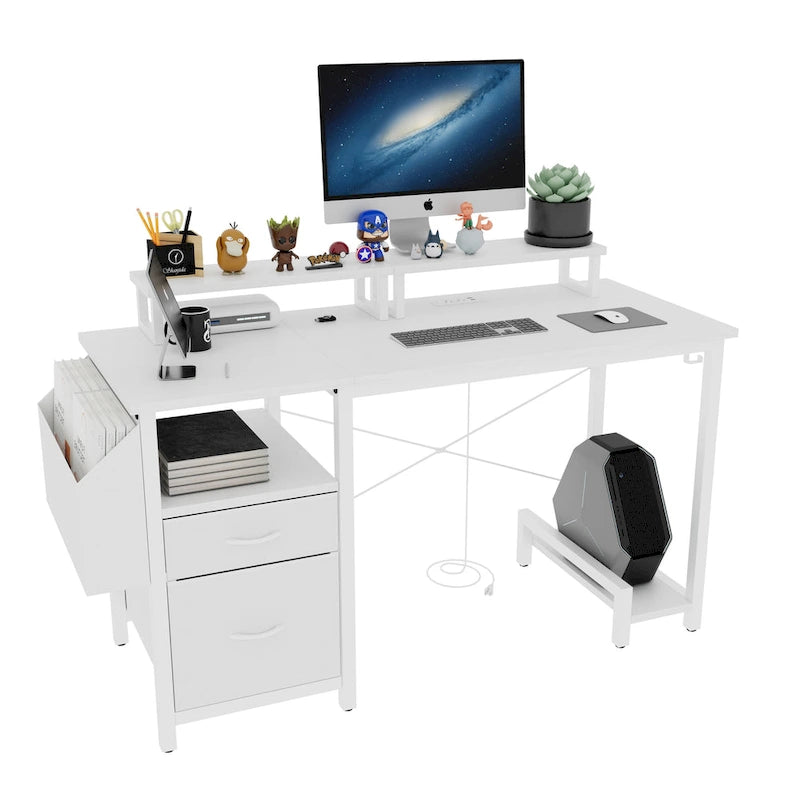 Modern Computer Office Desk with Power Station and Dual Monitor Stands and 2 Drawers for Home Office or Study Organization