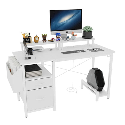 Modern Computer Office Desk with Power Station and Dual Monitor Stands and 2 Drawers for Home Office or Study Organization