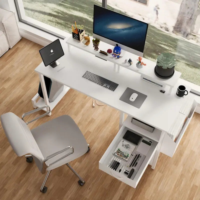 Modern Computer Office Desk with Power Station and Dual Monitor Stands and 2 Drawers for Home Office or Study Organization
