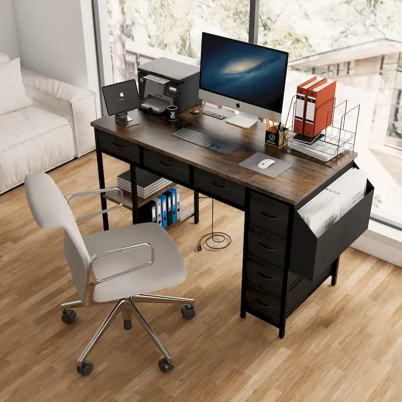 Modern Computer Office Desk with Power Station and Dual Monitor Stands and 2 Drawers for Home Office or Study Organization