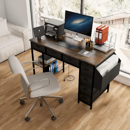 Modern Computer Office Desk with Power Station and Dual Monitor Stands and 2 Drawers for Home Office or Study Organization