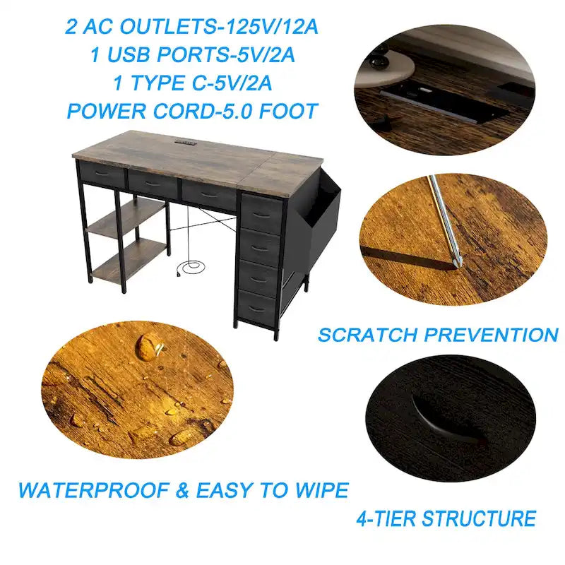 Modern Computer Office Desk with Power Station and Dual Monitor Stands and 2 Drawers for Home Office or Study Organization