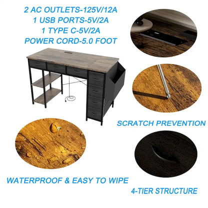 Modern Computer Office Desk with Power Station and Dual Monitor Stands and 2 Drawers for Home Office or Study Organization