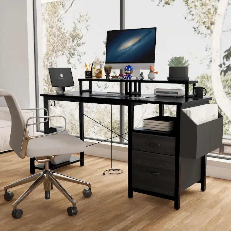 Modern Computer Office Desk with Power Station and Dual Monitor Stands and 2 Drawers for Home Office or Study Organization