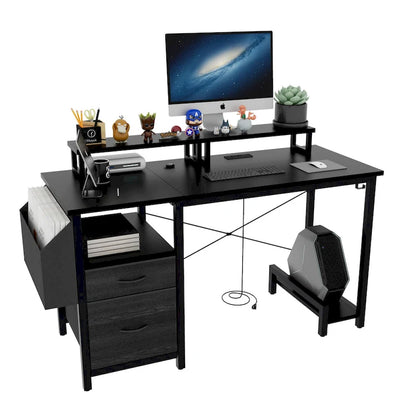Modern Computer Office Desk with Power Station and Dual Monitor Stands and 2 Drawers for Home Office or Study Organization
