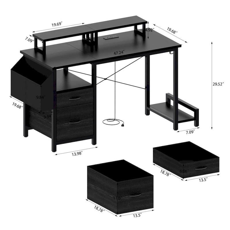 Modern Computer Office Desk with Power Station and Dual Monitor Stands and 2 Drawers for Home Office or Study Organization