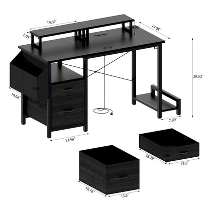 Modern Computer Office Desk with Power Station and Dual Monitor Stands and 2 Drawers for Home Office or Study Organization