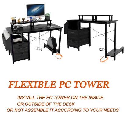 Modern Computer Office Desk with Power Station and Dual Monitor Stands and 2 Drawers for Home Office or Study Organization