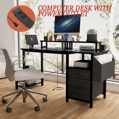 Modern Computer Office Desk with Power Station and Dual Monitor Stands and 2 Drawers for Home Office or Study Organization