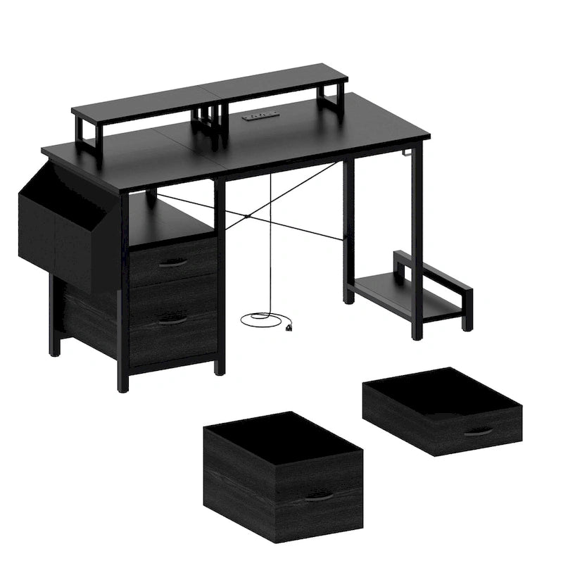 Modern Computer Office Desk with Power Station and Dual Monitor Stands and 2 Drawers for Home Office or Study Organization