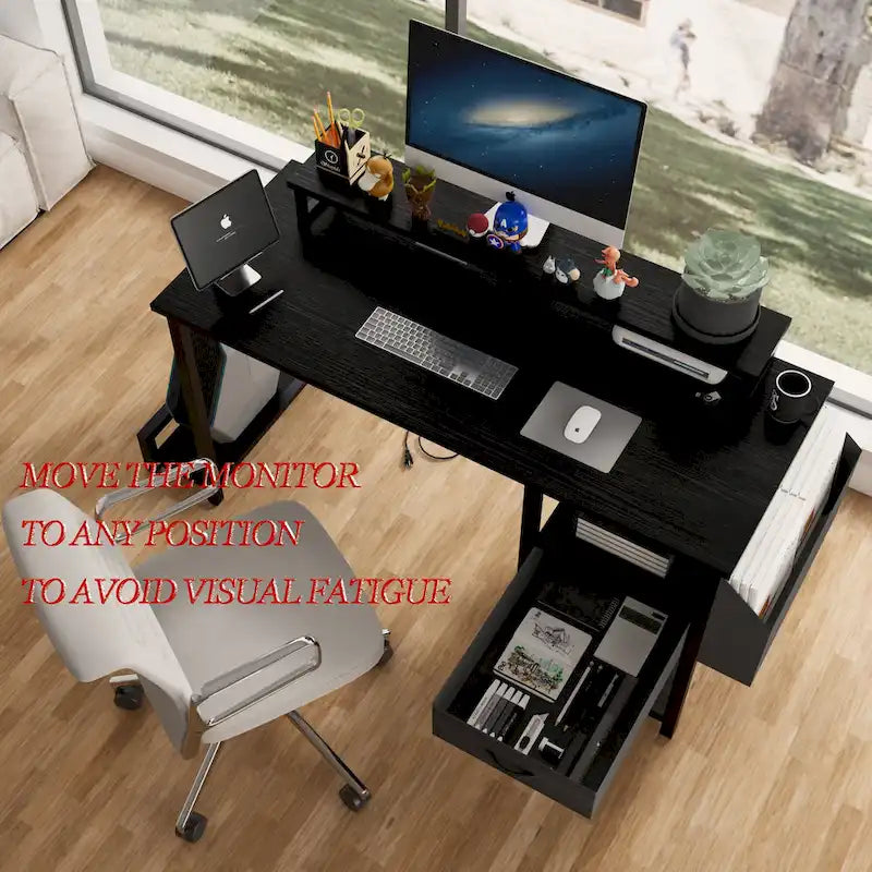 Modern Computer Office Desk with Power Station and Dual Monitor Stands and 2 Drawers for Home Office or Study Organization