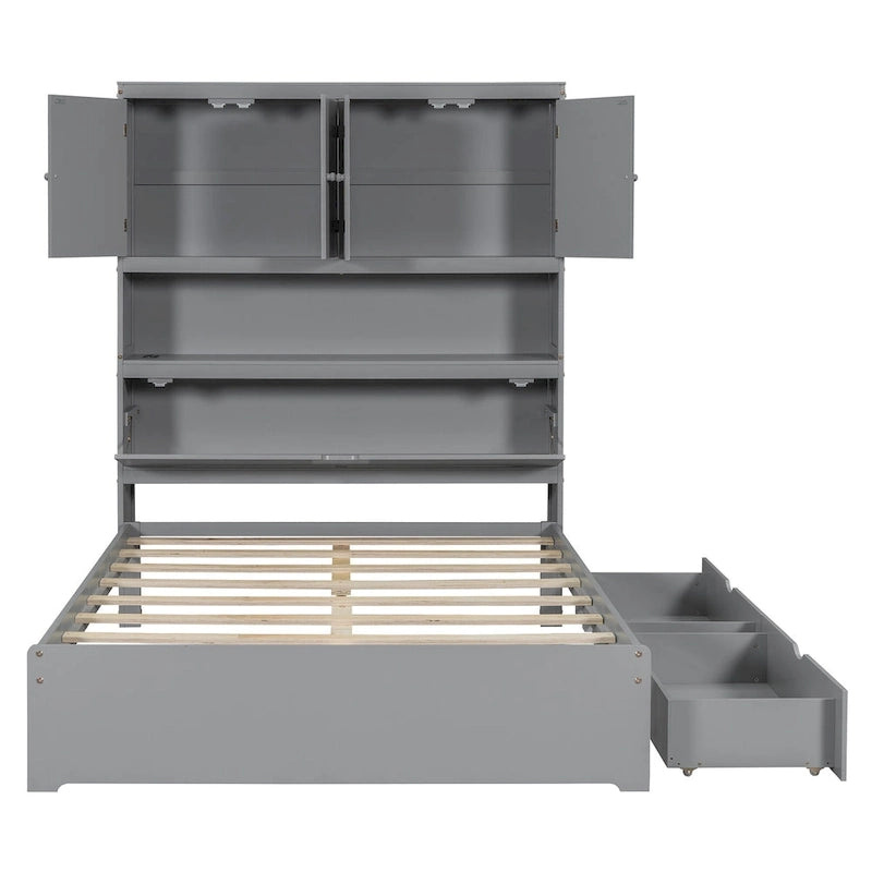 Wooden Platform Storage Bed Full Size Bed Frame with Storage Headboard