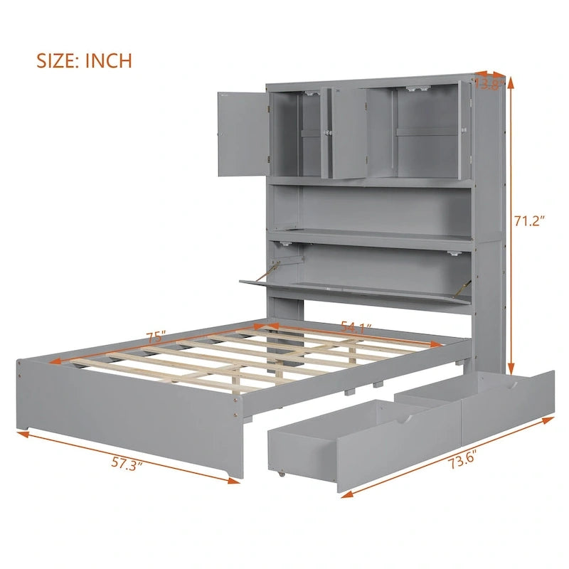 Wooden Platform Storage Bed Full Size Bed Frame with Storage Headboard