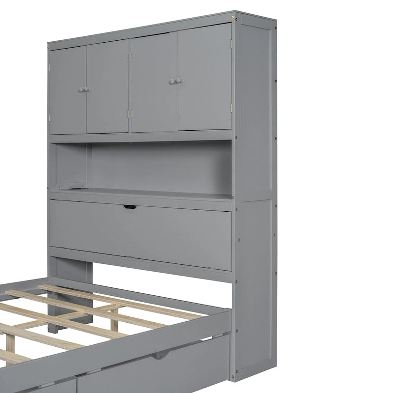 Wooden Platform Storage Bed Full Size Bed Frame with Storage Headboard