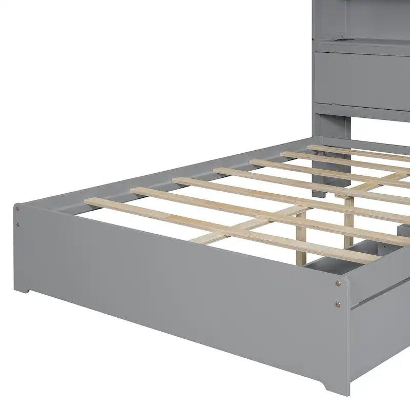 Wooden Platform Storage Bed Full Size Bed Frame with Storage Headboard