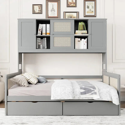 Twin Daybed with Storage Drawers, Cabinet, and Shelf, Sturdy Wood Construction