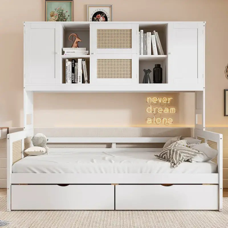 Twin Daybed with Storage Drawers, Cabinet, and Shelf, Sturdy Wood Construction