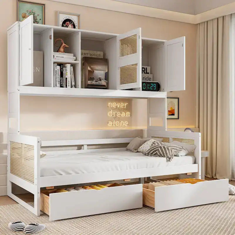 Twin Daybed with Storage Drawers, Cabinet, and Shelf, Sturdy Wood Construction